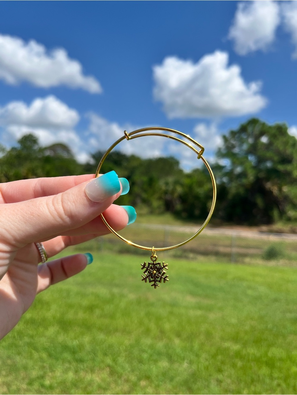 Handmade Gold Snowflake Charm Bangle Bracelet - Women Jewelry